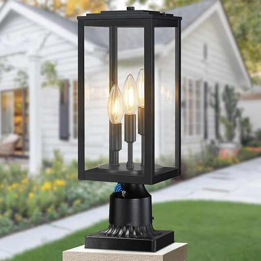 16.6'' Dusk to Dawn Post Light Outdoor, Large 3-Light Lamp Post Light Fixture, Modern Pillar Outside Lighting Waterproof Post Lantern Pole Lights for Porch, 1 Pack (Not Include Mounting Base)