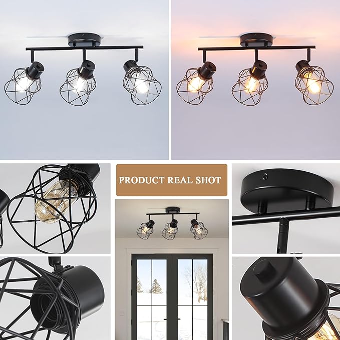 3 Lights Adjustable Multi-Directional Black Light Fixtures, Semi Flush Mount Ceiling Light, Kitchen Light Fixtures, Track Lighting Fixtures Metal Cage Industrial Spotlight Fixtures for Dining Room