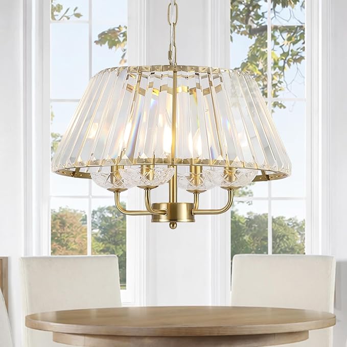 17.7" Modern Crystal Chandelier Vintage Mid Century Modern 4-Lights Gold Crystal Chandelier Light Fixture Drum Golden Chandelier for Dining Room, Bedroom, Kitchen Island, Entryway, E12