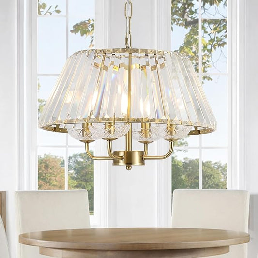 17.7" Modern Crystal Chandelier Vintage Mid Century Modern 4-Lights Gold Crystal Chandelier Light Fixture Drum Golden Chandelier for Dining Room, Bedroom, Kitchen Island, Entryway, E12