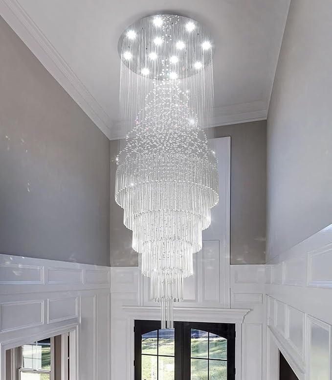 HAIXIANG W32 x H100 Glam Chandelier with LED Bulbs Crystal Raindrop High Ceiling Pendant Light for Entrance Large Villa Chandelier Foyer Lighting Fixtures Silver