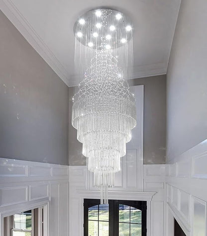 HAIXIANG W32 x H100 Glam Chandelier with LED Bulbs Crystal Raindrop High Ceiling Pendant Light for Entrance Large Villa Chandelier Foyer Lighting Fixtures Silver
