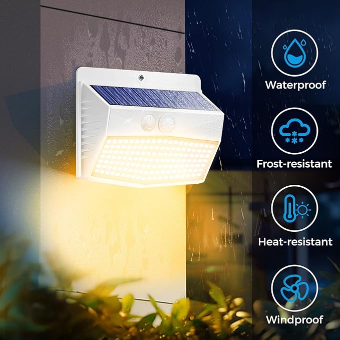 Peasur Solar Outdoor Lights, [4 Packs] Motion Sensor Security Lights with 3 Lighting Modes Wall Lights Waterproof Solar Powered Lights for Garden Yard, White Warm