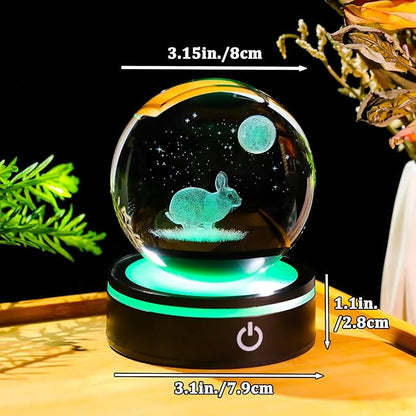 YWHL 3D Crystal Ball Moon Rabbit Figurine with Colorful LED Base, Bunny Gifts for Women Men on Birthday Christmas Rabbits Statue Glass Animal Bunny Statue Night Light for Home Decor (80mm)