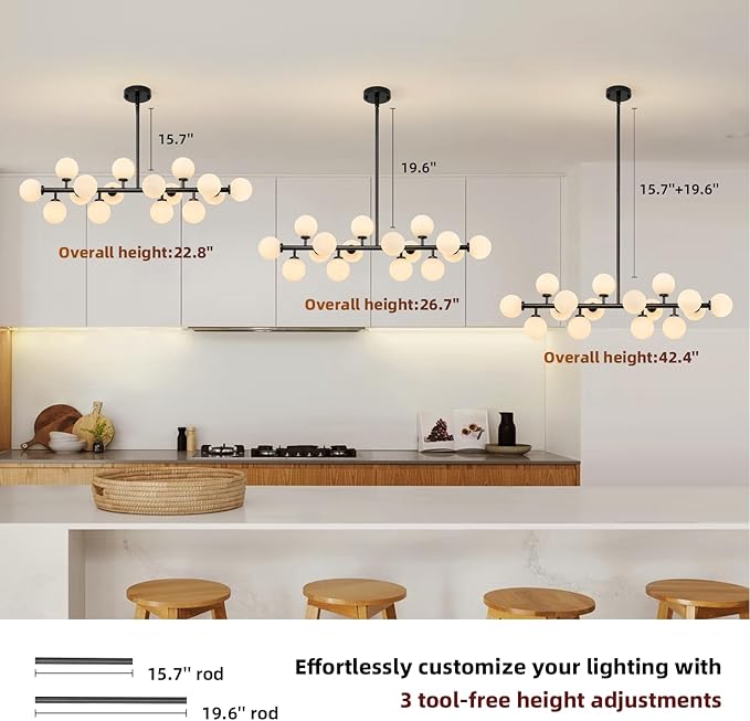 16-Light Mid Century Modern Chandelier: 39.4" Black Linear Sputnik Chandeliers - Milk White Glass Globe Dining Room Light Fixture - Long Modern Pendant Chandelier for Living Room Kitchen Island Table