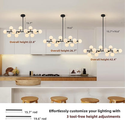 16-Light Mid Century Modern Chandelier: 39.4" Black Linear Sputnik Chandeliers - Milk White Glass Globe Dining Room Light Fixture - Long Modern Pendant Chandelier for Living Room Kitchen Island Table