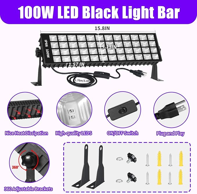 100W LED Black Light Bar, IP66 Waterproof Blacklight with 6ft Cord+Plug+Switch, Black Lights for Neon Glow Party, Fluorescent Poster, Body Paint, Birthday, Bedroom, Halloween, Christmas