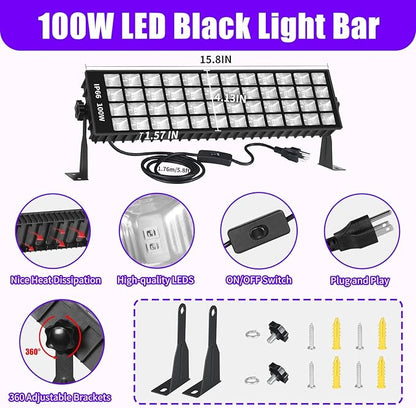 100W LED Black Light Bar, IP66 Waterproof Blacklight with 6ft Cord+Plug+Switch, Black Lights for Neon Glow Party, Fluorescent Poster, Body Paint, Birthday, Bedroom, Halloween, Christmas