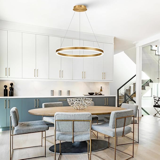 Gold LED Chandelier 23.6" Ring Chandelier for Dining Room Living Room 40W Remote Control Dimmable 1-Ring Ceiling Pendant Lighting Fixtures Office