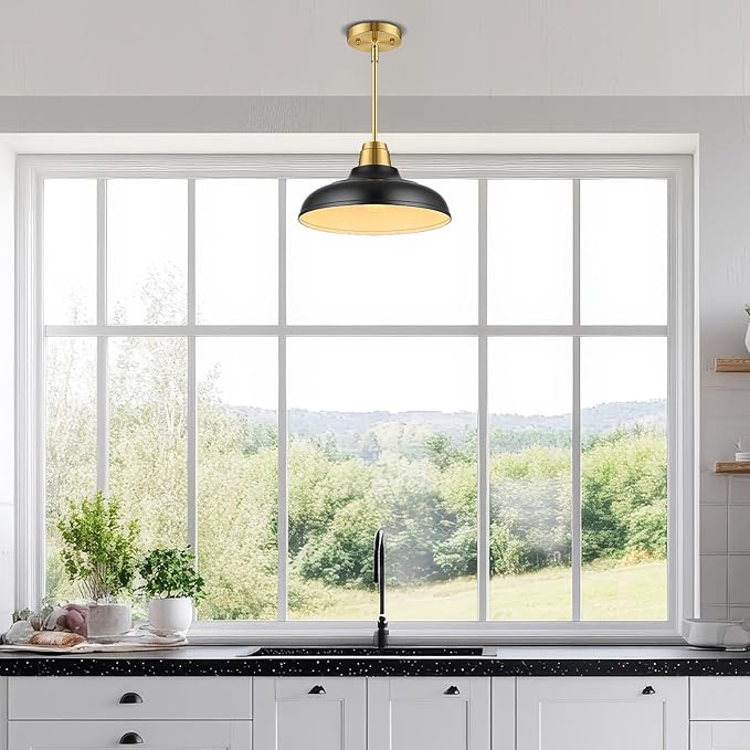 Black and Gold Pendant Light, 12" Matte Black Pendant Lights Fixtures Adjustable Rod Gold Modern Hanging Lighting,for Kitchen Island Dining Room Bar Restaurant Sink Entrance
