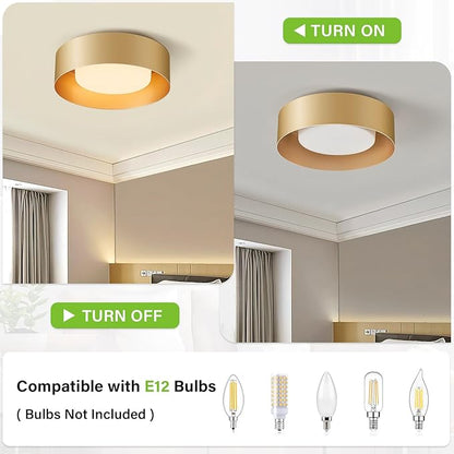 Yiisem Glass Gold Flush Mount Ceiling Lights, Modern Round Ceiling Lighting, Minimalist Drum Close to Ceiling Light Fixtures for Bedroom, Dining Room, Bathroom, Hallways, Laundry Room