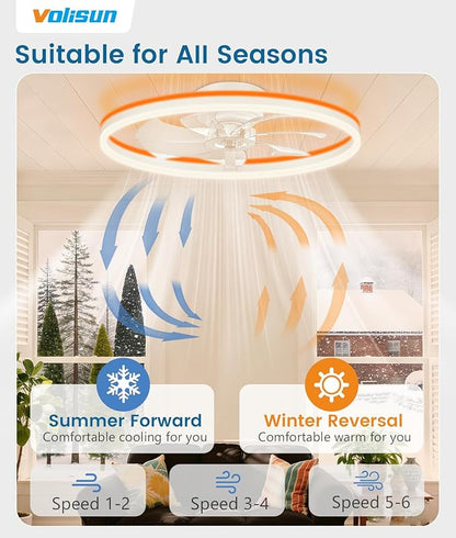 VOLISUN RGB Ceiling Fans with Lights and Remote, 23.6in Low Profile Ceiling Fans with Lights Flush Mount, 3000K-6500K Dimmable Fandelier LED Fan Light, White Bladeless Ceiling Fans for Bedroom