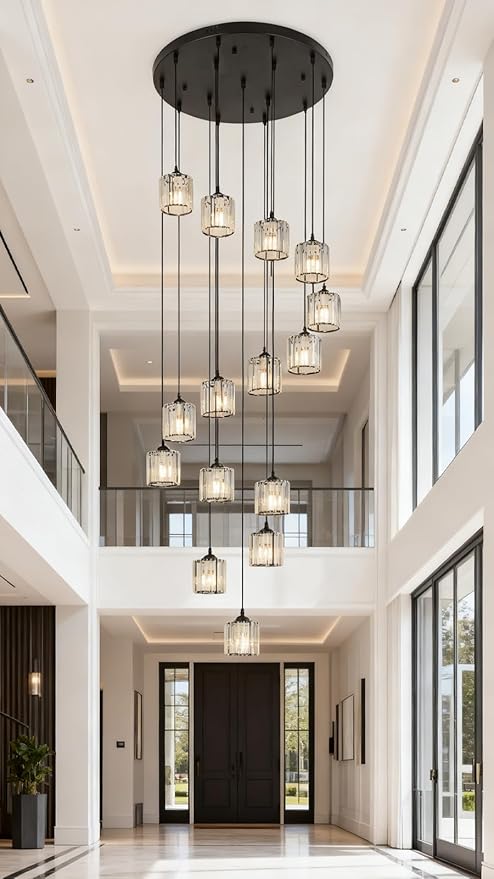 Long Chandeliers for High Ceilings,Modern Crystal Pendant Light,Raindrop Drop Lamp,Hanging Flush Mount Lighting Fixtures for Spiral Staircase,Foyer,Entryway,Living Room,Black (15 Lights)