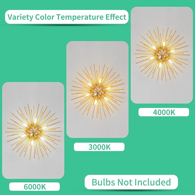 Sputnik Flush Mount Ceiling Light Fixture, 6-Light Gold Firework Ceiling Lights, 19.6" Modern Chandeliers Close to Ceiling Lamp for Bedroom Kitchen Hallway Entryway, G9 Socket
