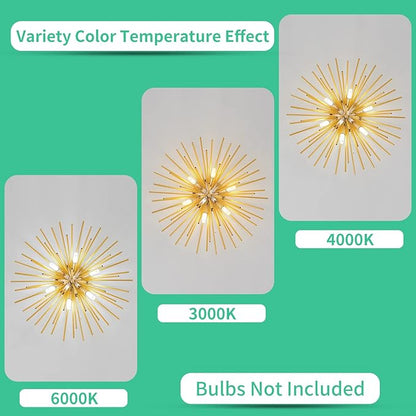 Sputnik Flush Mount Ceiling Light Fixture, 6-Light Gold Firework Ceiling Lights, 19.6" Modern Chandeliers Close to Ceiling Lamp for Bedroom Kitchen Hallway Entryway, G9 Socket