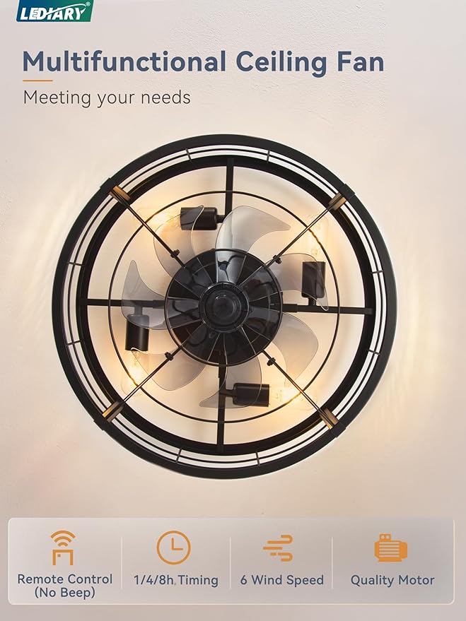 LEDIARY 20" Caged Ceiling Fan with Light and Remote, Low Profile Flush Mount Fandelier, Black Bladeless Enclosed Small Fan Lights Ceiling Fixtures, Rustic Farmhouse Style for Bedroom, Outdoor