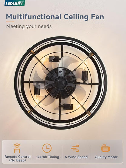 LEDIARY 20" Caged Ceiling Fan with Light and Remote, Low Profile Flush Mount Fandelier, Black Bladeless Enclosed Small Fan Lights Ceiling Fixtures, Rustic Farmhouse Style for Bedroom, Outdoor