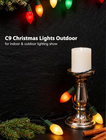 25Ft Vintage Christmas Lights C9 LED Red Green and White Outdoor String Lights with 26 C9 Bulbs (1 Spare), Commercial Outdoor Christmas Lights for Holiday Wedding Party Garden Home Decor, Green Wire