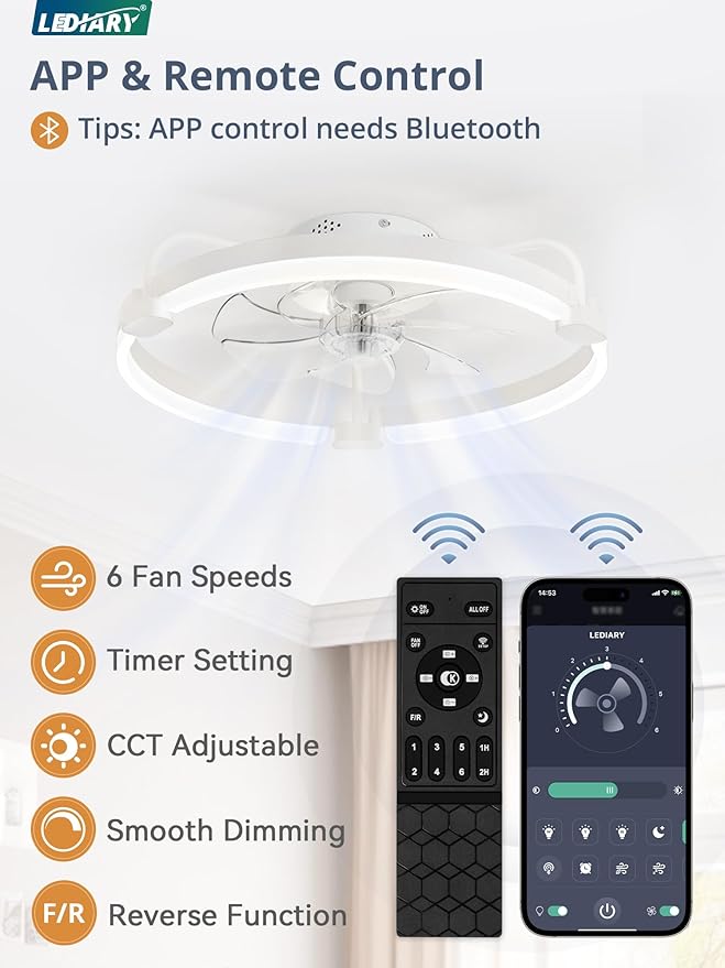 LEDIARY Ceiling Fans with Lights and Remote, 20'' Low Profile Ceiling Fan with Light, 3000-6000K Dimmable Fandelier LED Fan Light, 6 Wind Speeds, White Modern Flush Mount Ceiling Fan for Bedroom