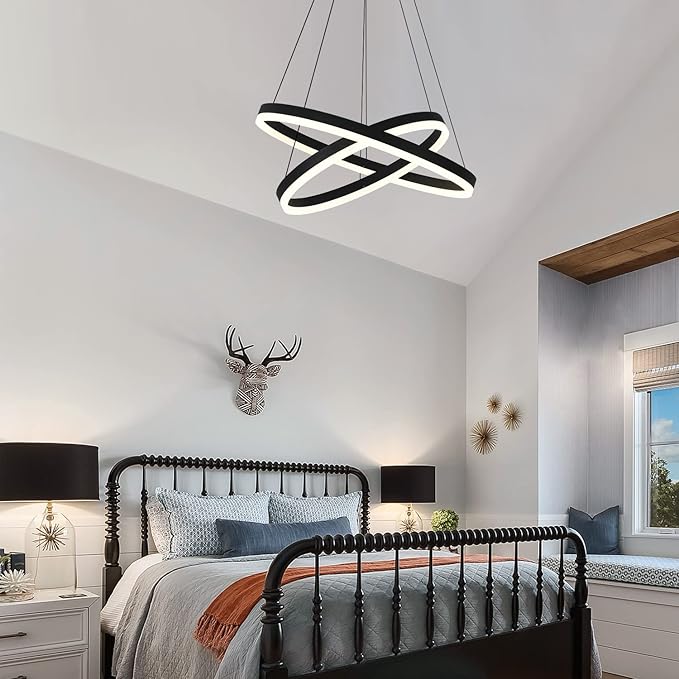 2-Rings Modern LED Chandelier Black for Dining Room, Dimmable Pendant Lighting with Remote Control Circular Flush Mount High Ceiling Light for Bedroom Living Room Foyer, 3000K-6500K
