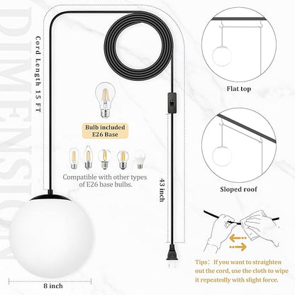 KoKo&Yukina 8" Globe Pendant Light Black Plug in Pendant Light Adjustable Hanging Lights with Plug in Cord Matte Black Finished with Milk Glass Lampshade for Bedroom Kitchen Island（Bulb Included）