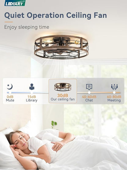 LEDIARY 23" Caged Ceiling Fan with Light and Remote, Low Profile Flush Mount Fandelier, Black Gold Bladeless Enclosed Small Fan Lights Ceiling Fixtures, Rustic Farmhouse Style for Bedroom, Outdoor