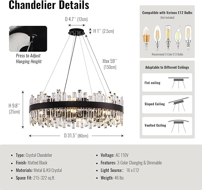 Modern Crystal Chandelier 16-Light Black Round 2 Tiers Raindrop Chandelier for Dining Room Luxury Large Flush Mount Ceiling Light for Living Room Entryway Foyer Bedroom D31.5''