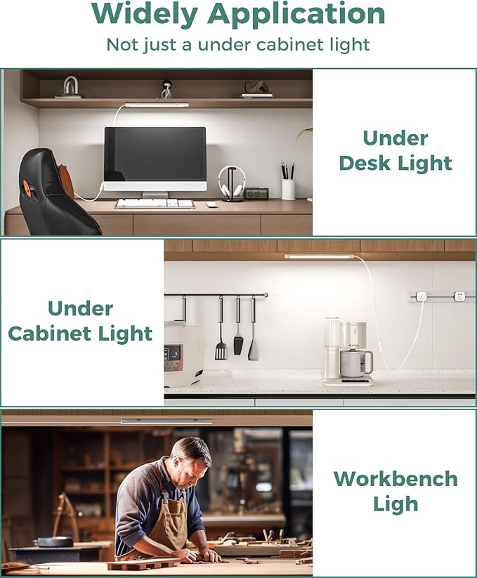 ASOKO 16 Inch Under Cabinet Lights,Plug and Play Under Counter Lighting,6000K Cool White with 700LM Bright,ETL Light Bar with ON/Off Switch for Kitchen, Desk,Workbench-2 Pack
