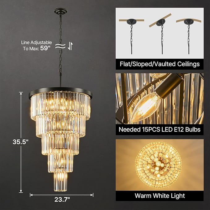 High Ceiling Chandelier Crystal Modern: 24-Inch 5-Tiered Black Staircase Chandeliers - Large Long Hanging Pendant Light Fixture For Entryway Foyer Living Room Luxury Round Flush Mount Ceilings Lights