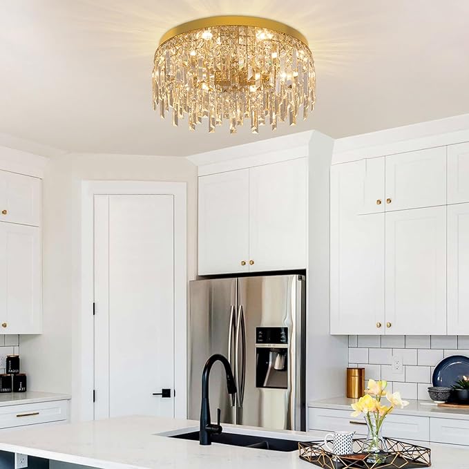 VETRULUS Gold Crystal Chandeliers for Dining Room 19.68" Round Luxury Flush Mount Crystal Ceiling Light Fixture Modern Chandelier for Bedroom Living Room Kitchen Island