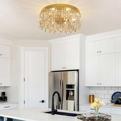 VETRULUS Gold Crystal Chandeliers for Dining Room 19.68" Round Luxury Flush Mount Crystal Ceiling Light Fixture Modern Chandelier for Bedroom Living Room Kitchen Island