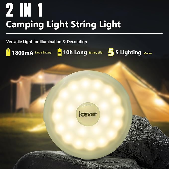 4-Pack Camping String Lights, 16.4FT Rechargeable Waterproof Hanging Lamp Portable LED Light for Outdoor Camping Awning Tent Garden Party Yard Festival Decor (5 Lighting Modes)