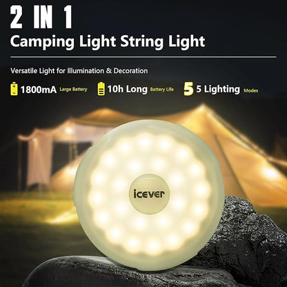 2-Pack Camping String Lights, 16.4FT Rechargeable Waterproof Hanging Lamp Portable LED Light for Outdoor Camping Awning Tent Garden Party Yard Festival Decor (5 Lighting Modes)