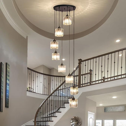 High Ceilings Long Chandeliers Modern Crystal Long Pendant Light,Long Raindrop Hanging Chandeliers,Hanging Flush Mount Chandelier Ceiling Light for Staircase Foyer Entryway 8 Lights