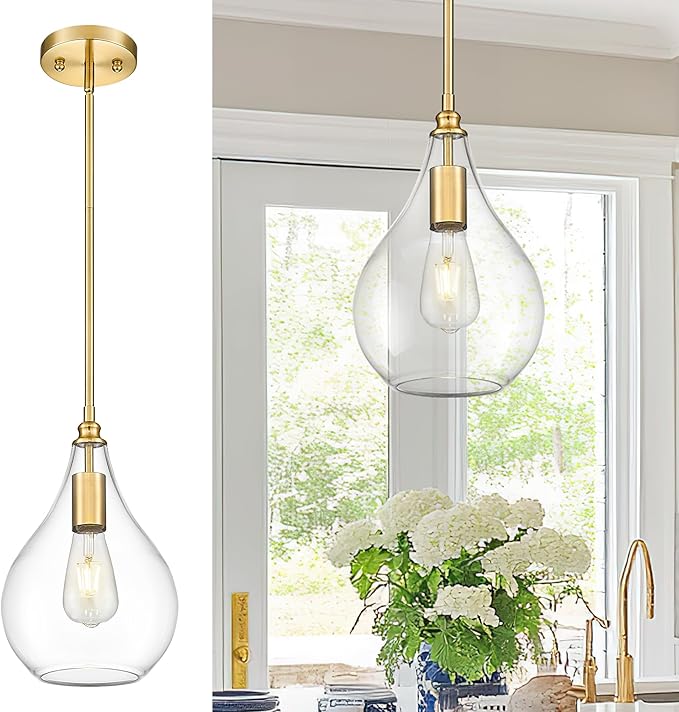 TENGXIN 8 Inch Pendant Lighting for Kitchen Island,Hanging Lights Kitchen Island,Brushed Gold Finished Clear Glass Pendant Light,Farmhouse Pendant Light for Dining Room,Bedroom,TXPLBG12-LCG
