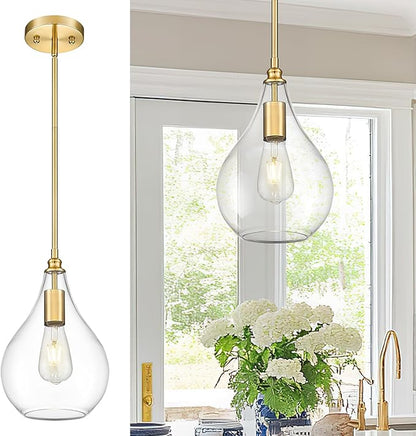TENGXIN 8 Inch Pendant Lighting for Kitchen Island,Hanging Lights Kitchen Island,Brushed Gold Finished Clear Glass Pendant Light,Farmhouse Pendant Light for Dining Room,Bedroom,TXPLBG12-LCG
