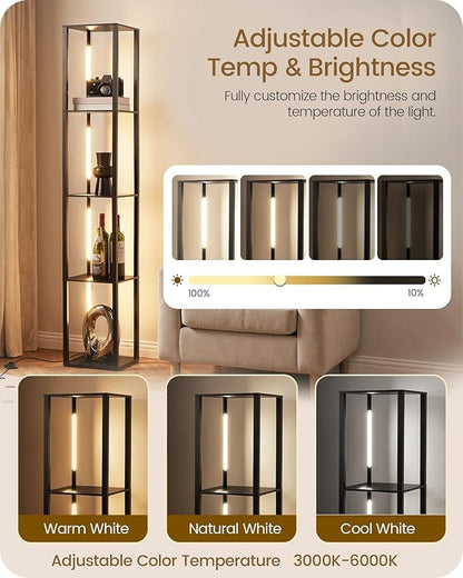64.2" Display Shelf with Light, Modern Corner Floor Lamp with Shelves, 3000K-6000K LED Dimmable Standing Lamp with Remote for Living Room, Bedroom, Office, Adjustable CCT, Black Square B51LD05