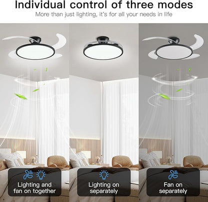 AHAWILL Retractable Ceiling Fan with Lights Remote Control,42'' Low Profile Ceiling Fan with Retractable Blades,Dimmable Full Spectrum,Modern Fandelier for Living Room Dinning Room Bedroom,Black