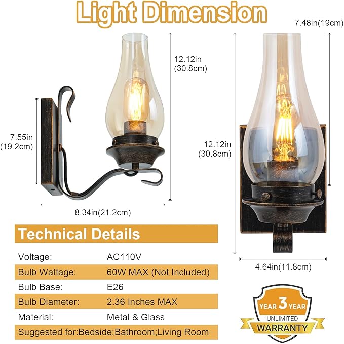 Yisuro Wall Sconces Sets of 2, Oil Rubbed Bronze Hardwired Wall Sconce Indoor, Retro Rustic Wall Lamps with Amber Glass,Vintage Bedside Sconces Wall Lighting for Living Room Bathroom