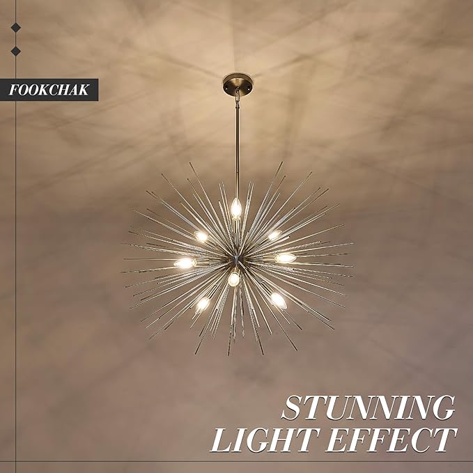 32in Nickel Sputnik Chandelier Solid Metal Starburst Chandelier Light Fixture 9-Light Mid Century Modern Satellite Light Fixture for Living Room Dining Room Foyer Study Room Bathroom
