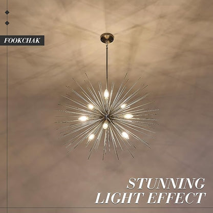 32in Nickel Sputnik Chandelier Solid Metal Starburst Chandelier Light Fixture 9-Light Mid Century Modern Satellite Light Fixture for Living Room Dining Room Foyer Study Room Bathroom