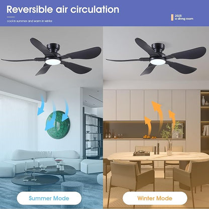 Kviflon 52 Inch Modern Ceiling Fans with Lights, Flush Mount Ceiling Fan with Light and Remote/APP Control, 5 Reversible 6 Speeds Curved Blades, 3 CCT Dimmable Lights for Bedroom, Black