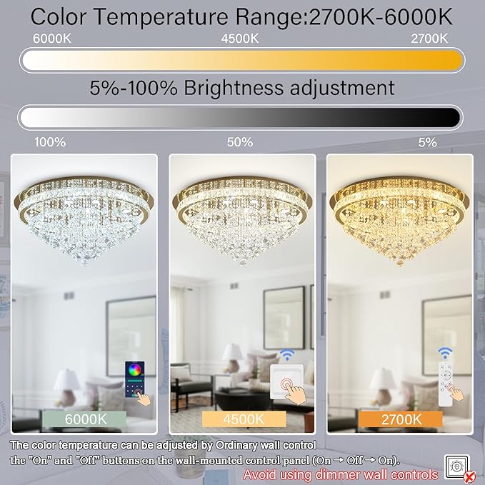 Dia 32" Modern Crystal Chandeliers for Dining Room,Gold Raindrop Chandelier Flush Mount Chandeliers for Living Room Bedrooms Dining Room Dimmable 2700k 4500k 6000k