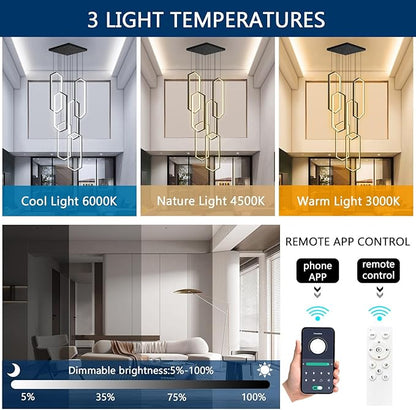 6 Rings Modern Chandelier LED Dimmable Pendant Lighting Adjust Flush Mount Ceiling Light for Foyer Lobby Living Room Staircaes Black