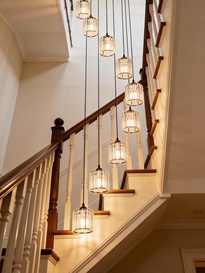 Long Chandeliers for High Ceilings,Modern Crystal Pendant Light,Raindrop Drop Lamp,Hanging Flush Mount Lighting Fixtures for Spiral Staircase,Foyer,Entryway,Living Room,Black (8 Lights)