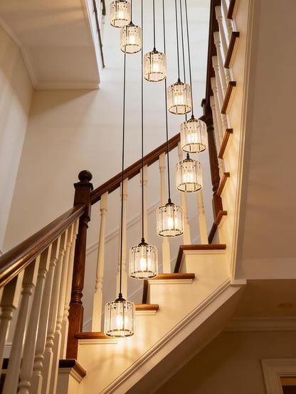 Long Chandeliers for High Ceilings,Modern Crystal Pendant Light,Raindrop Drop Lamp,Hanging Flush Mount Lighting Fixtures for Spiral Staircase,Foyer,Entryway,Living Room,Black (8 Lights)