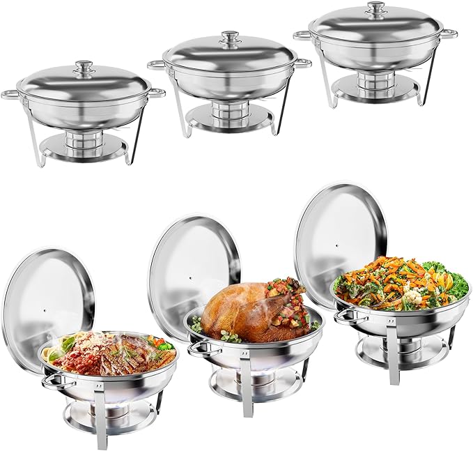 Chafing Dish for Buffet, 5 QT Round Chafing Dishes Buffet Set w/Lid Holder, Stainless Steel Chafers and Food Warmers With Spoon and Tweezers for Parties, Weddings (Silver, 6 Pack)