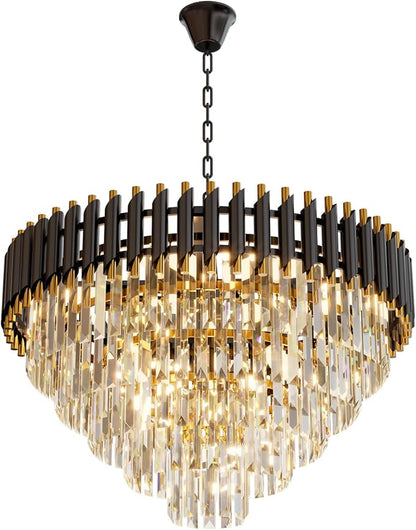 24 inch Black Gold Crystal Chandelier 5-Tier Modern Luxury Pendant Light Fixture for High Ceiling 10-Light Large K9 Crystal Lighting for Foyer Living Room Dining Room