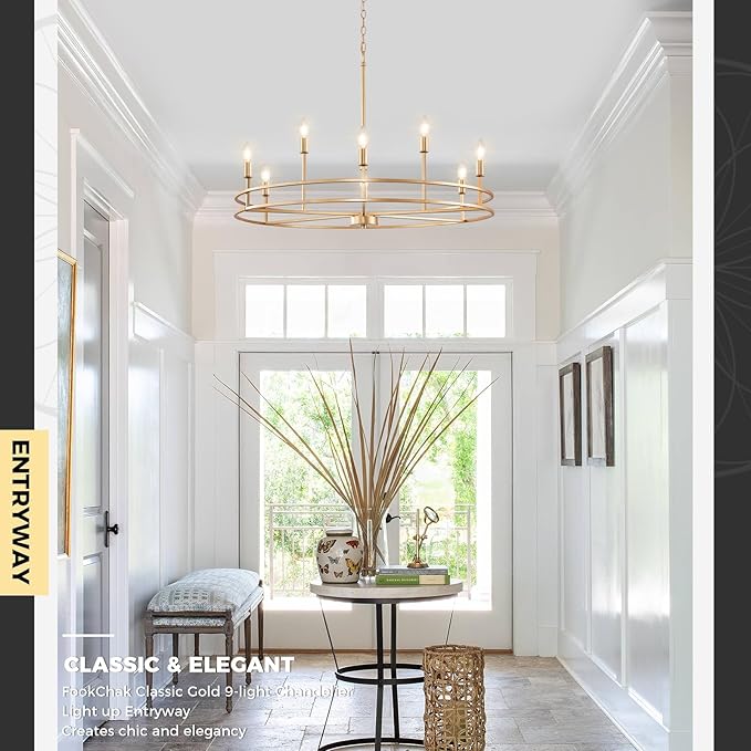Brushed Gold Chandelier Light Fixture 9-Light Round Dining Room Chandelier Over Table Brass Chandeliers Lighting for Master Bedroom 35in Metal Chandeliers for Living Room Foyer Bathroom