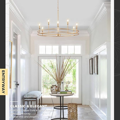 Brushed Gold Chandelier Light Fixture 9-Light Round Dining Room Chandelier Over Table Brass Chandeliers Lighting for Master Bedroom 35in Metal Chandeliers for Living Room Foyer Bathroom